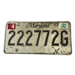 Maryland License Plate 2000 White Black Passenger Vehicle Patina Vintage
